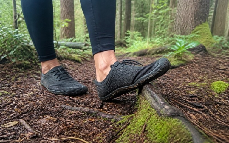 Barfußschuhe mit dünner Sohle auf einem Waldweg