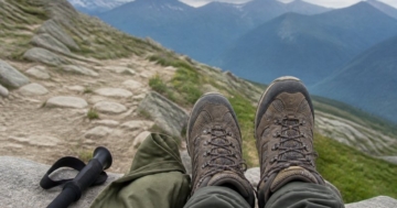 Getragene Wanderschuhe bei einer Rast auf einem Bergpfad
